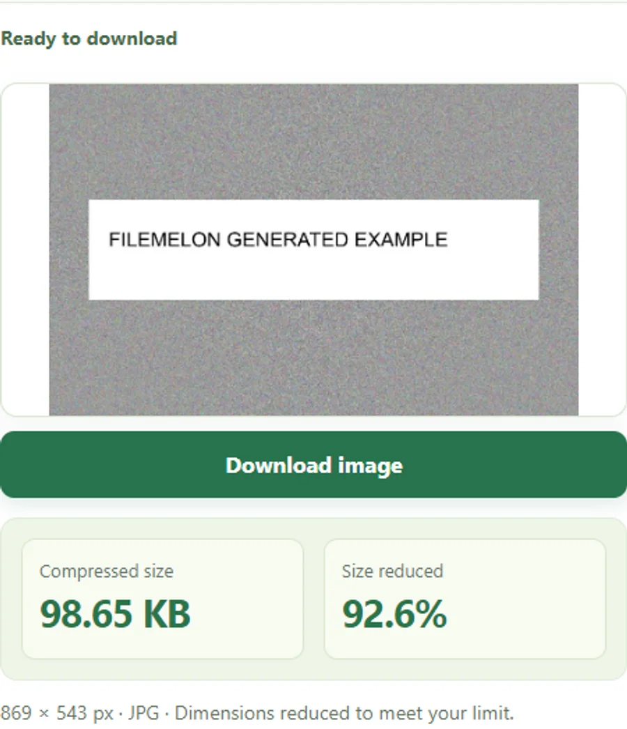 FileMelon compressor showing the generated sample and its actual downloadable result